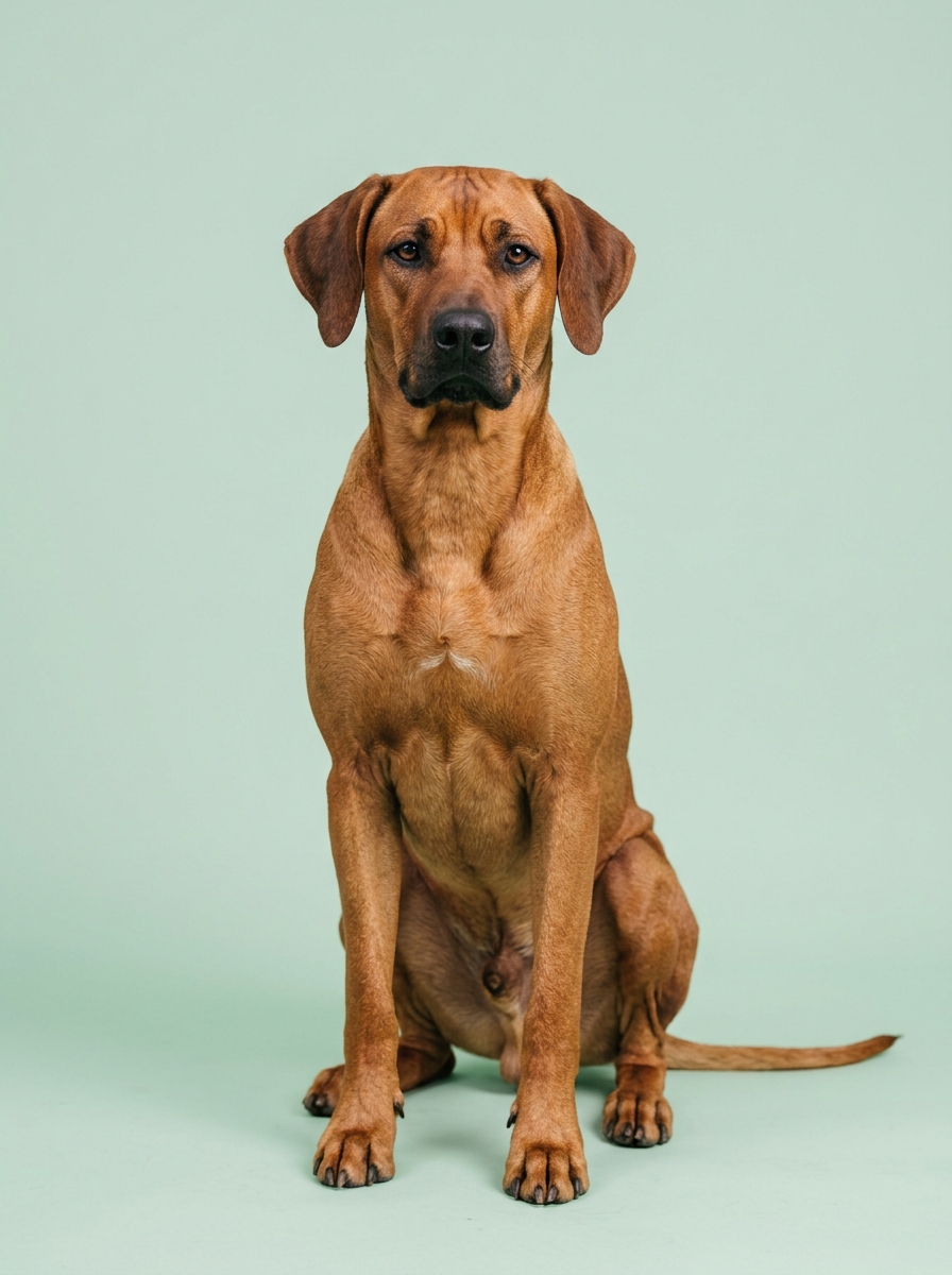 Rhodesian Ridgeback sitzt aufmerksam vor mintgrünem Hintergrund